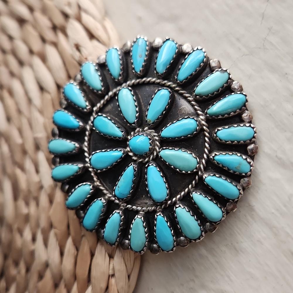 Stunning Vintage Native American Navajo Flower Cluster Turquoise Pin ๐๐ผ - Picture 6 of 10